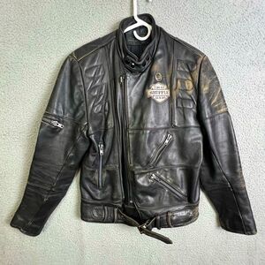 WOMENS BLACK LEATHER MOTORCYCLE JACKET SIZE 42T